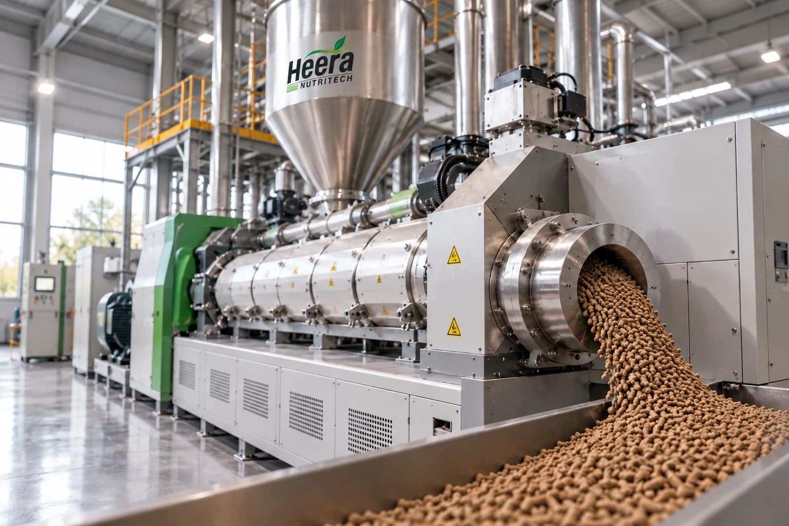 Heera Nutritech extrusion line producing feed pellets