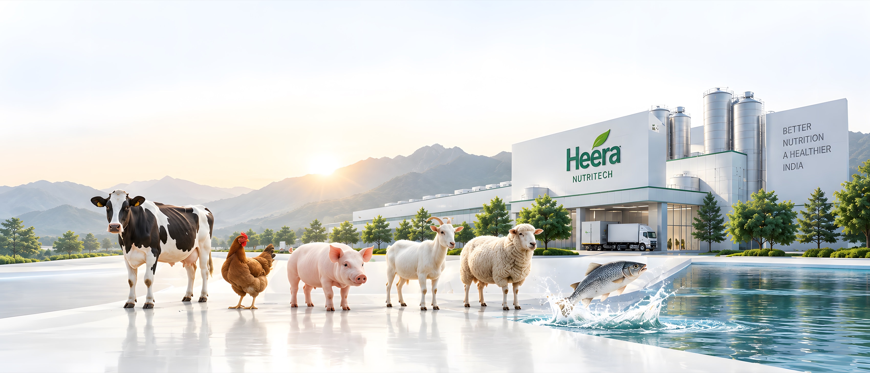 Farm animals — cow, hen, pig, goat, sheep and fish — in front of the Heera Nutritech feed plant